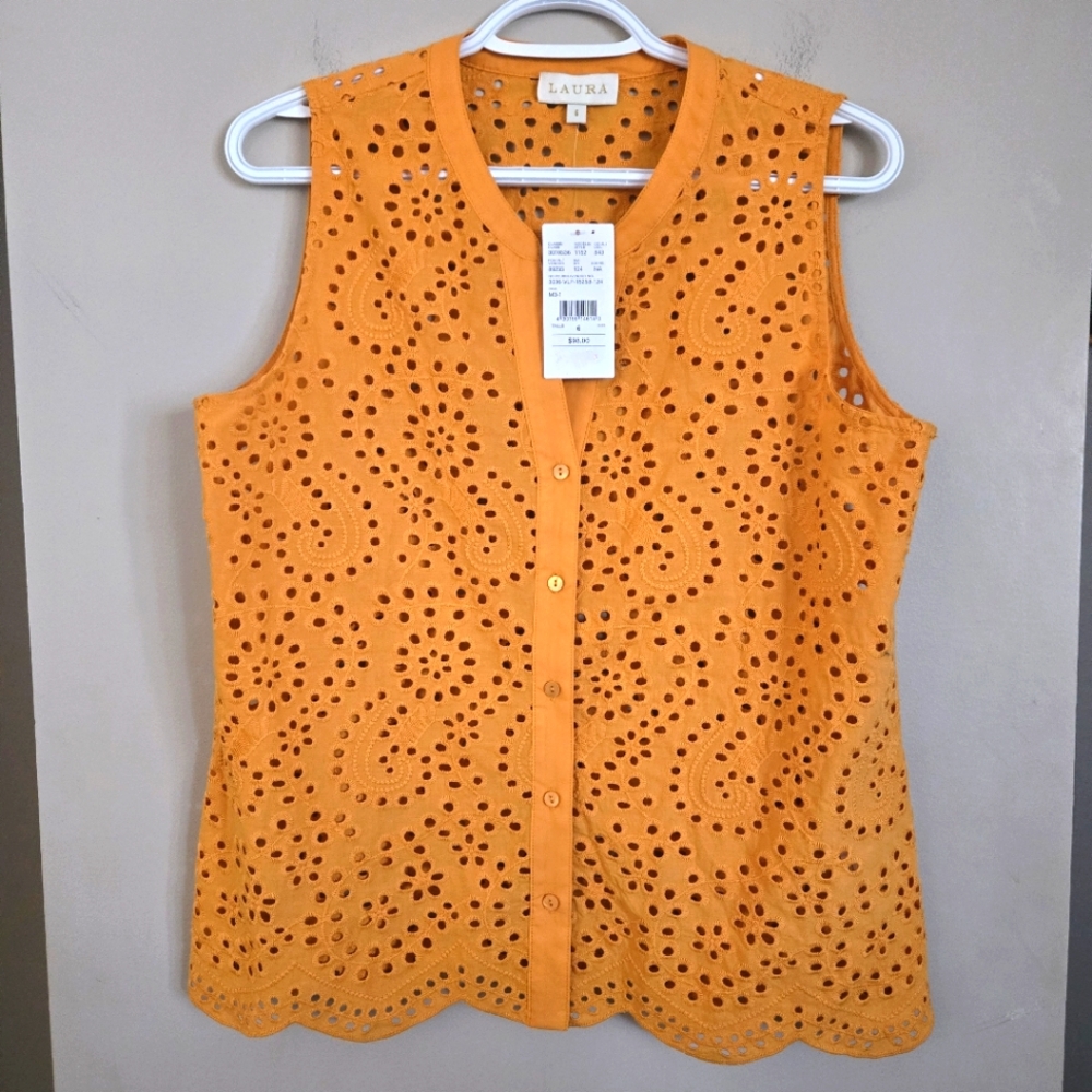 Laura NWT Orange Eyelet Sleeveless Top Womens Shirt Top Size 6 Button Up